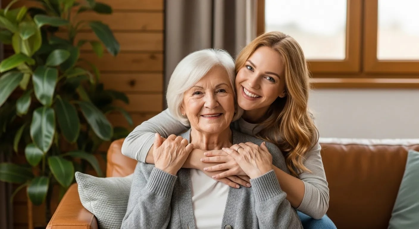 Daughter hugging elderly mother on couch