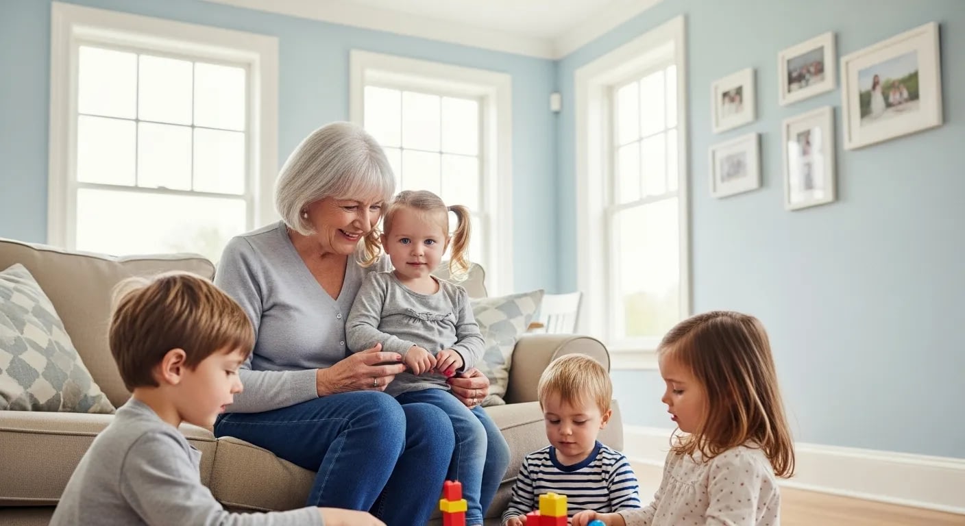Grandmother playing with grandchildren in bright living room