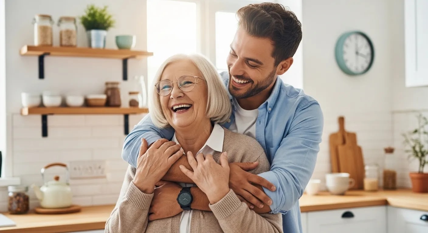 Young man hugging smiling elderly woman in kitchen