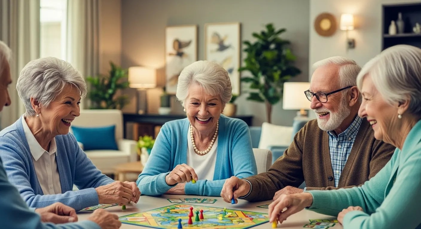Seniors playing board game together at home
