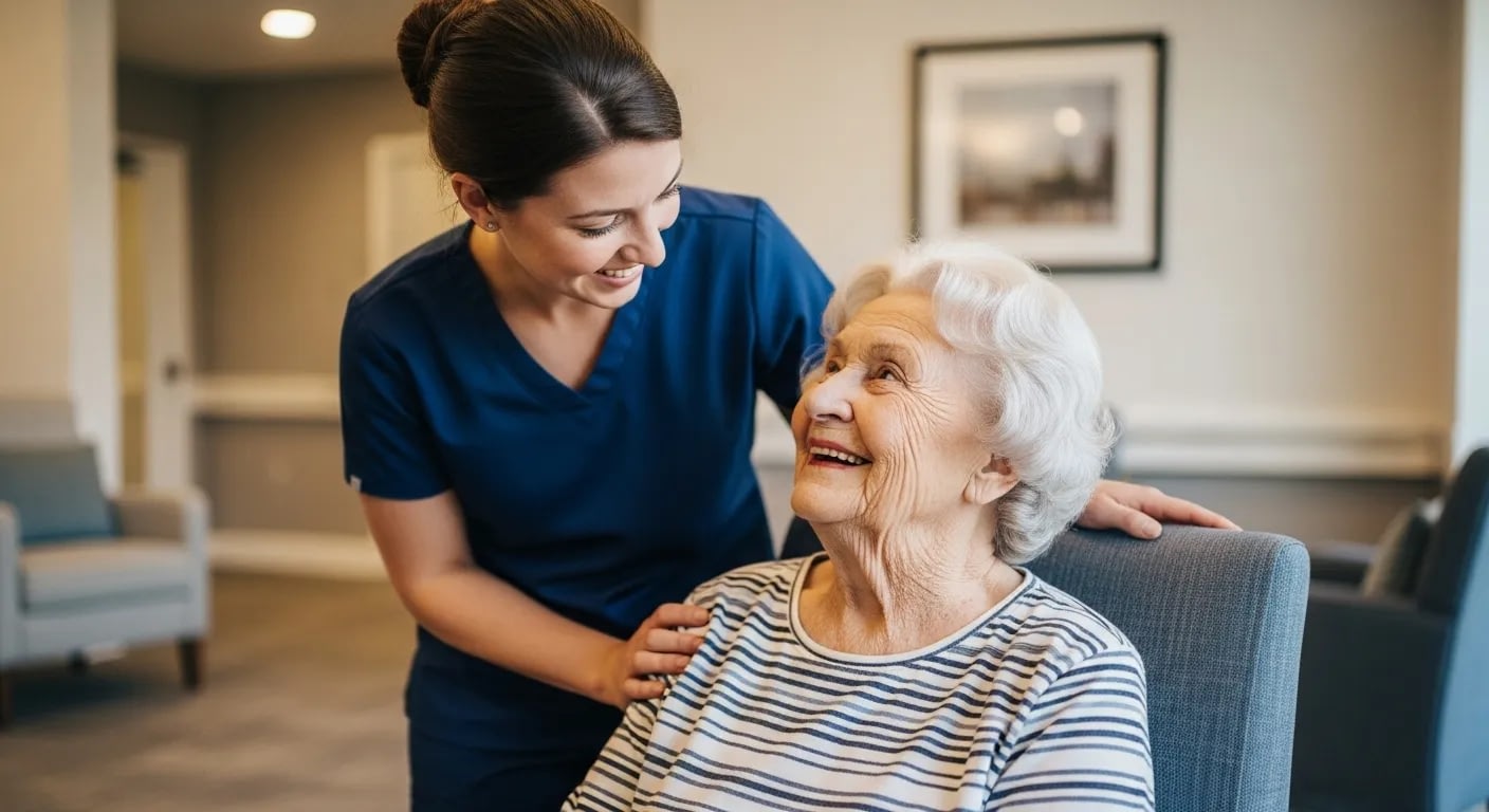 Caregiver smiling with elderly woman in nursing home