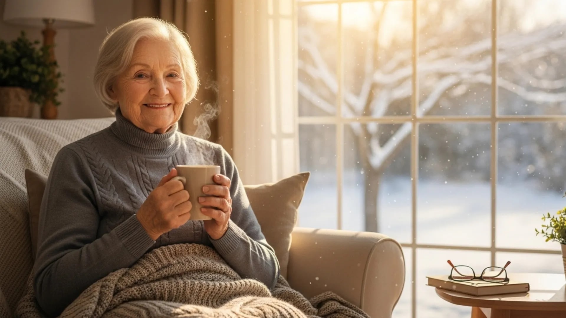 Elderly woman holding mug by snowy window