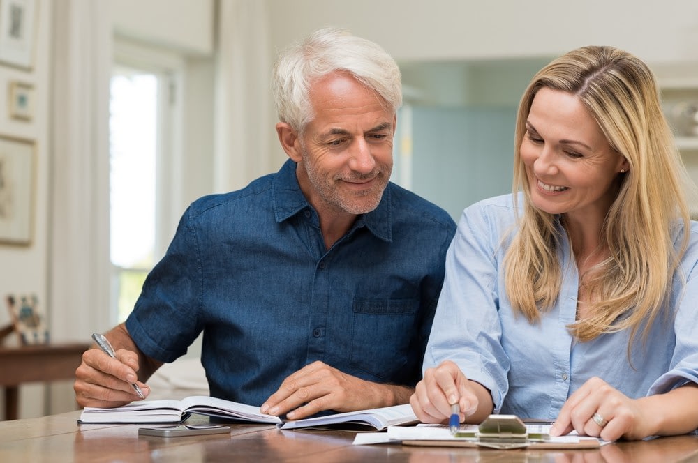Couple reviewing finances at kitchen table
