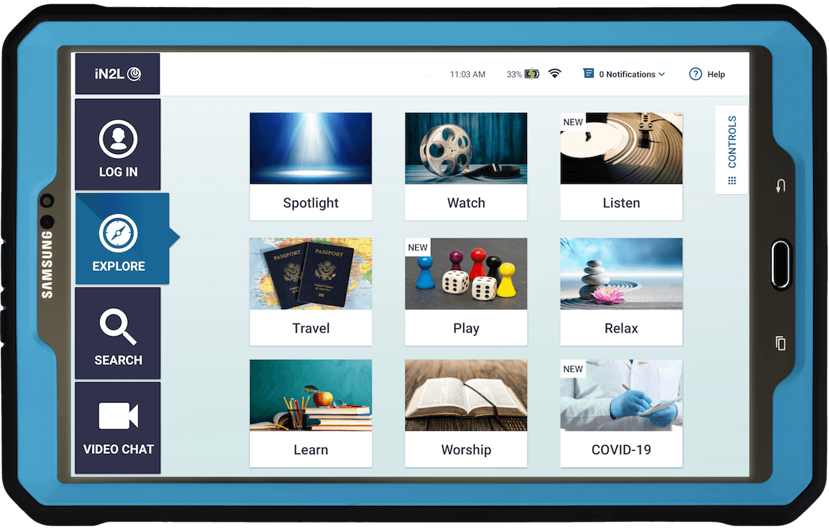 Tablet displaying interactive entertainment menu interface
