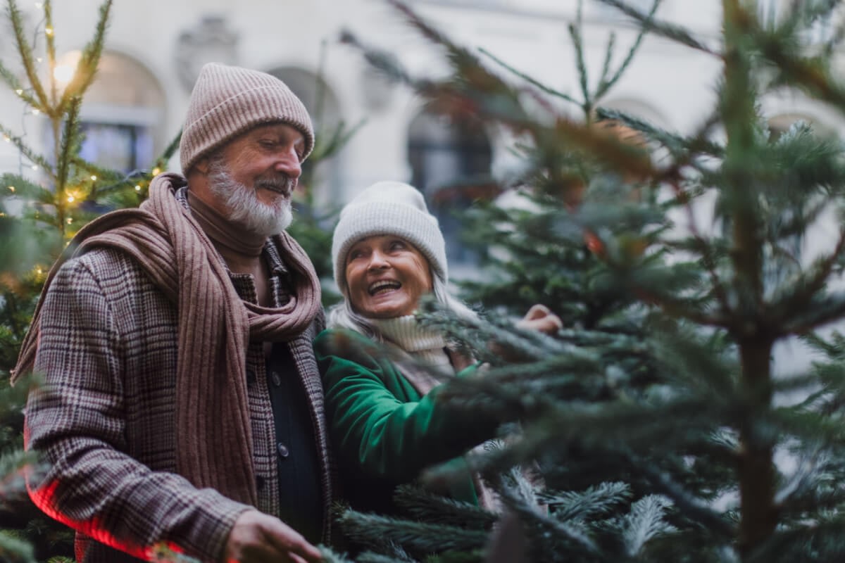 Elderly couple choosing Christmas tree outdoors