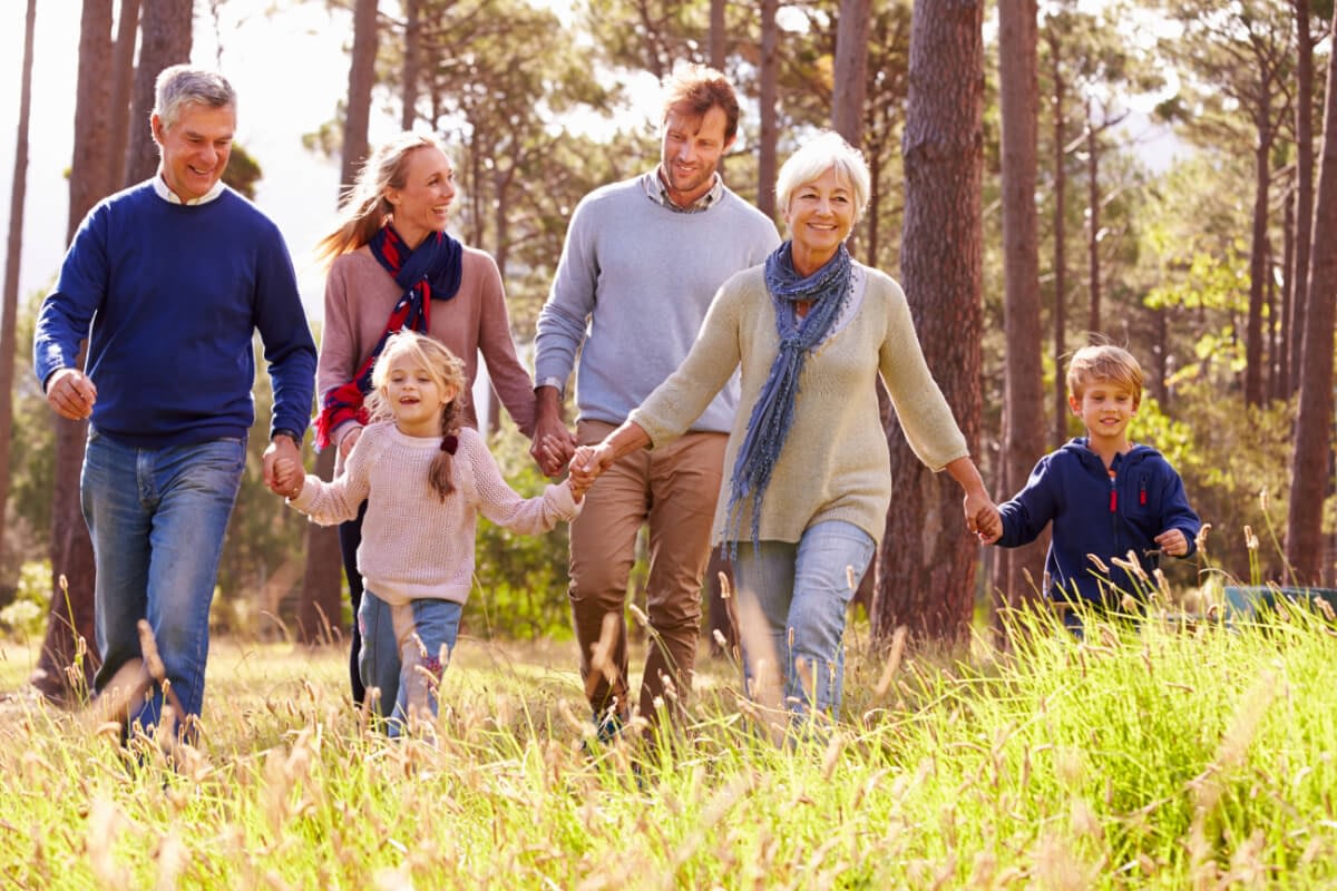 Multigenerational family walking hand in hand outdoors