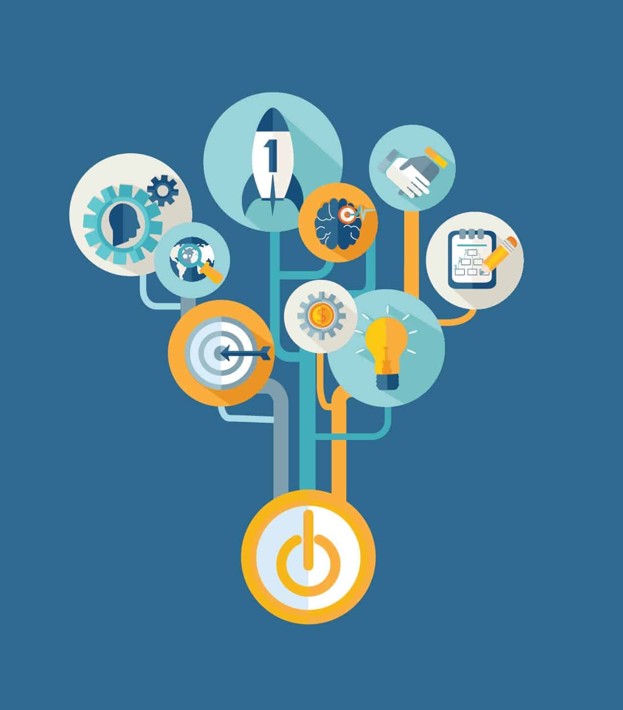 Startup growth tree with business strategy icons