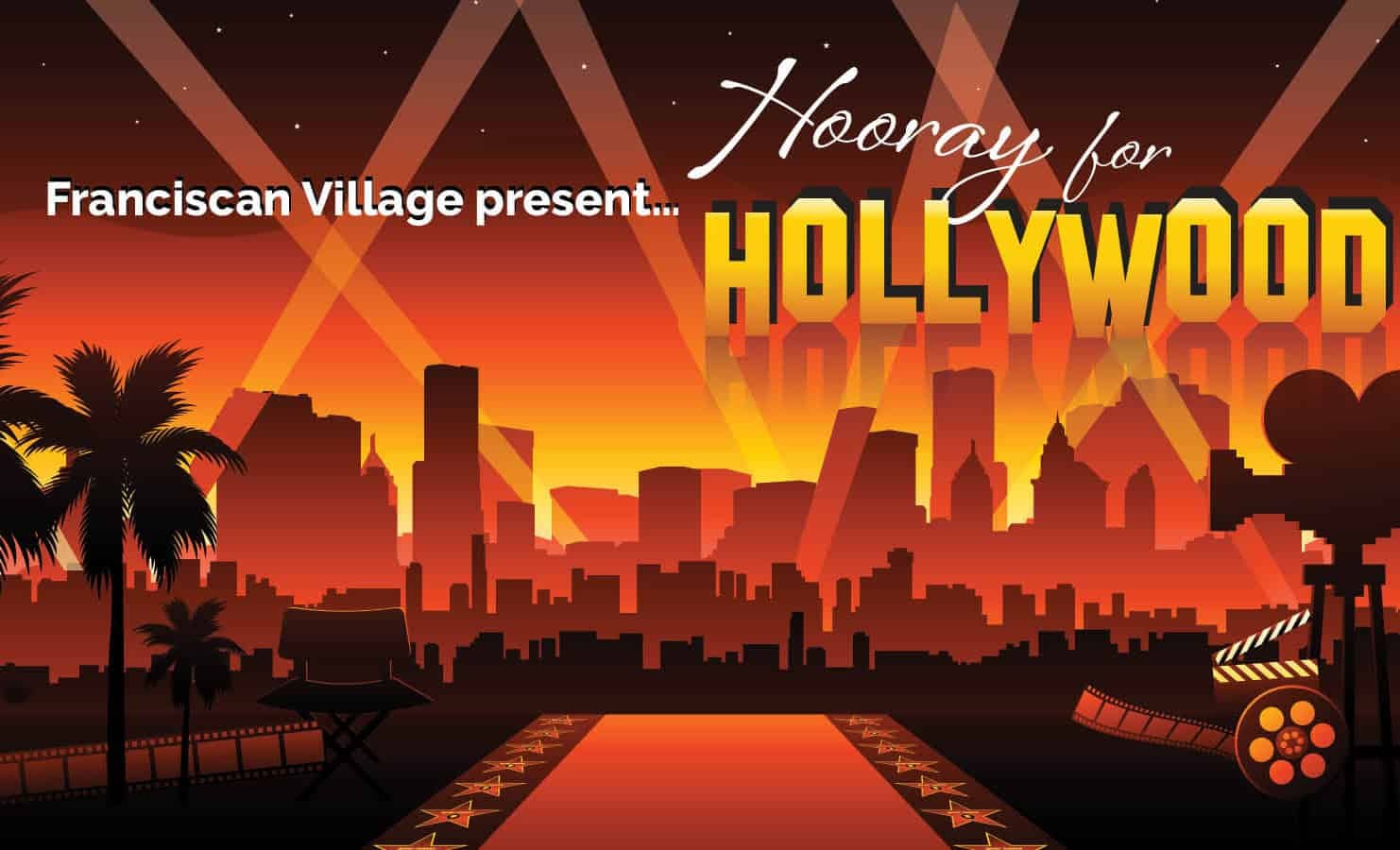 Hollywood-themed event poster with red carpet skyline