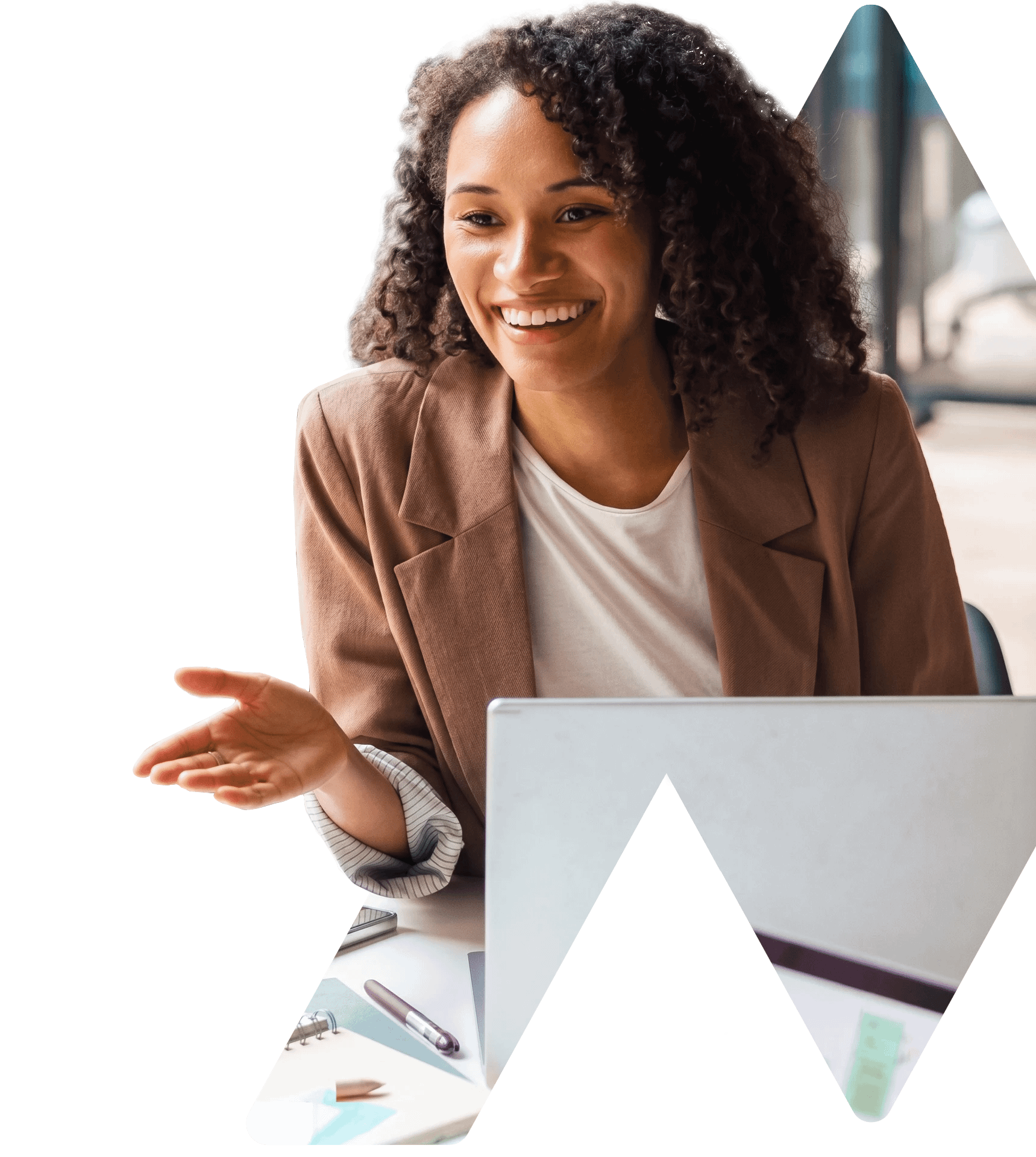 Smiling professional woman working at laptop desk