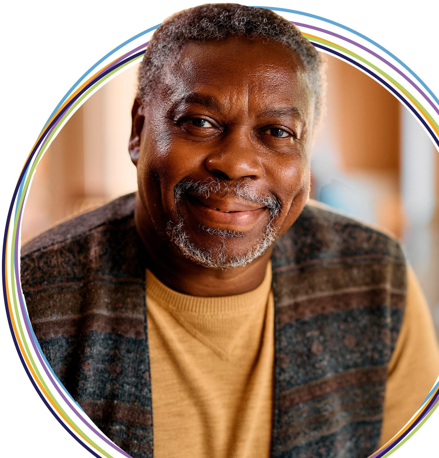 Smiling older man portrait with colorful curved border