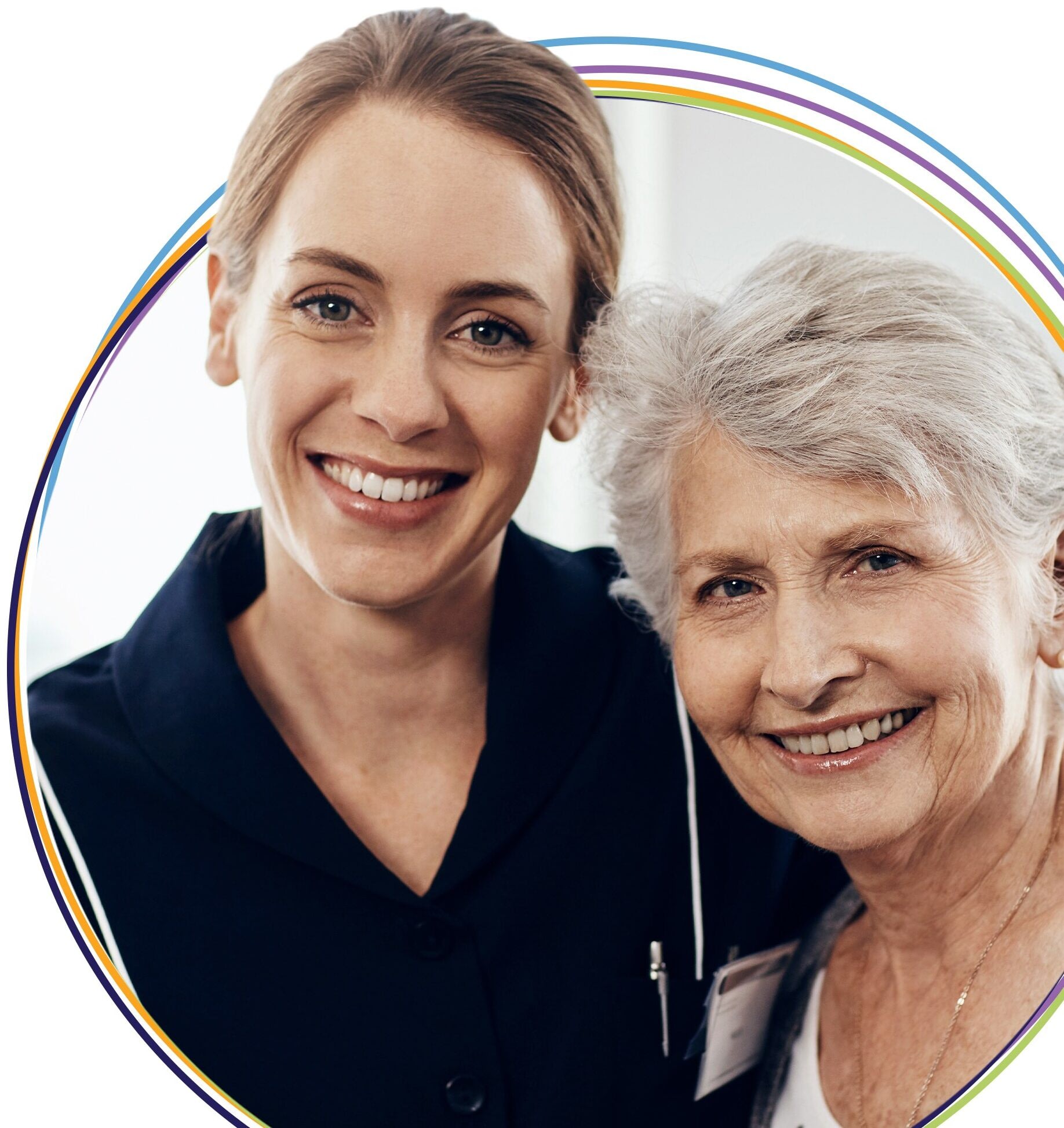 Smiling nurse with elderly woman portrait