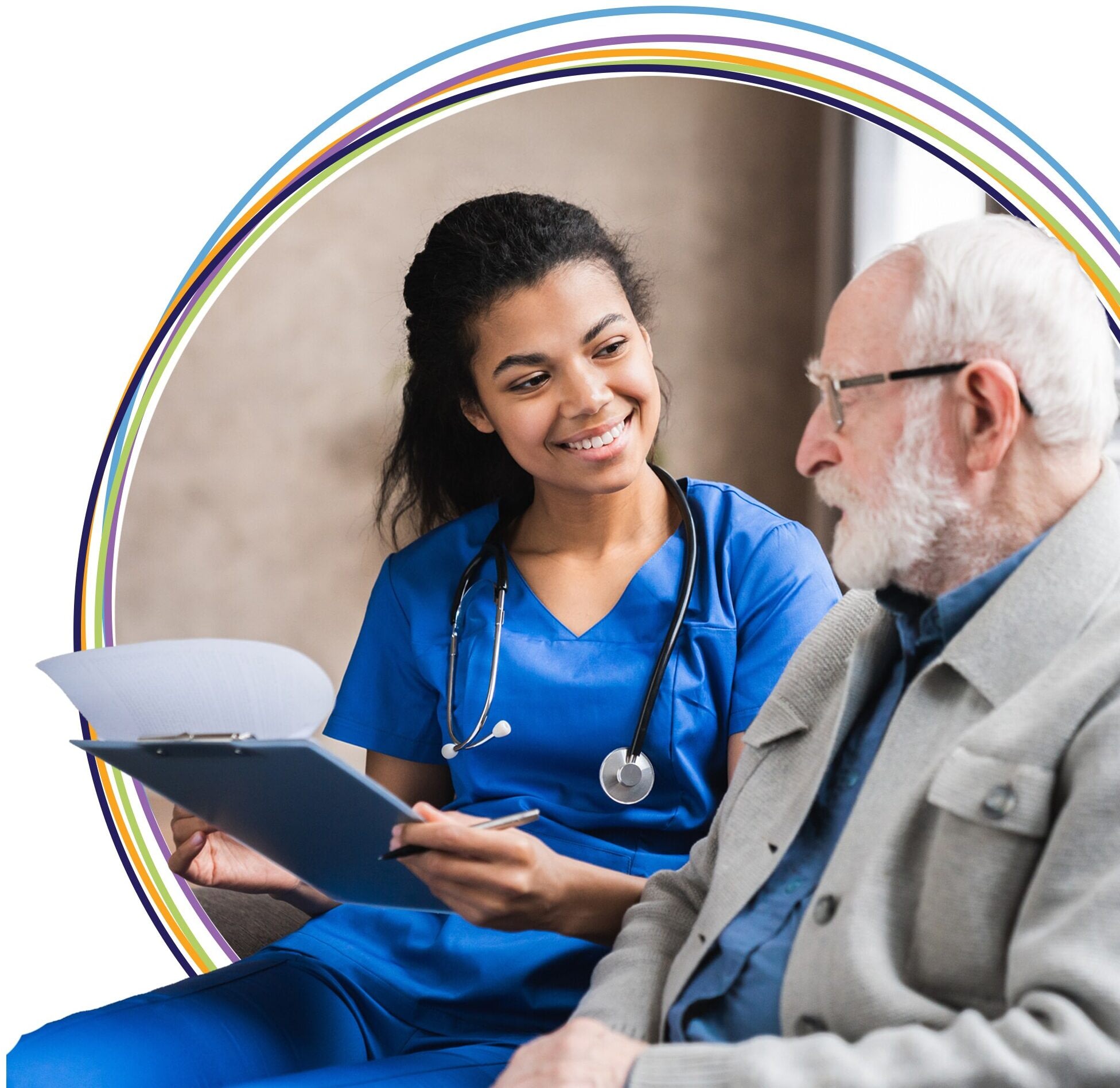 Nurse reviewing paperwork with elderly male patient