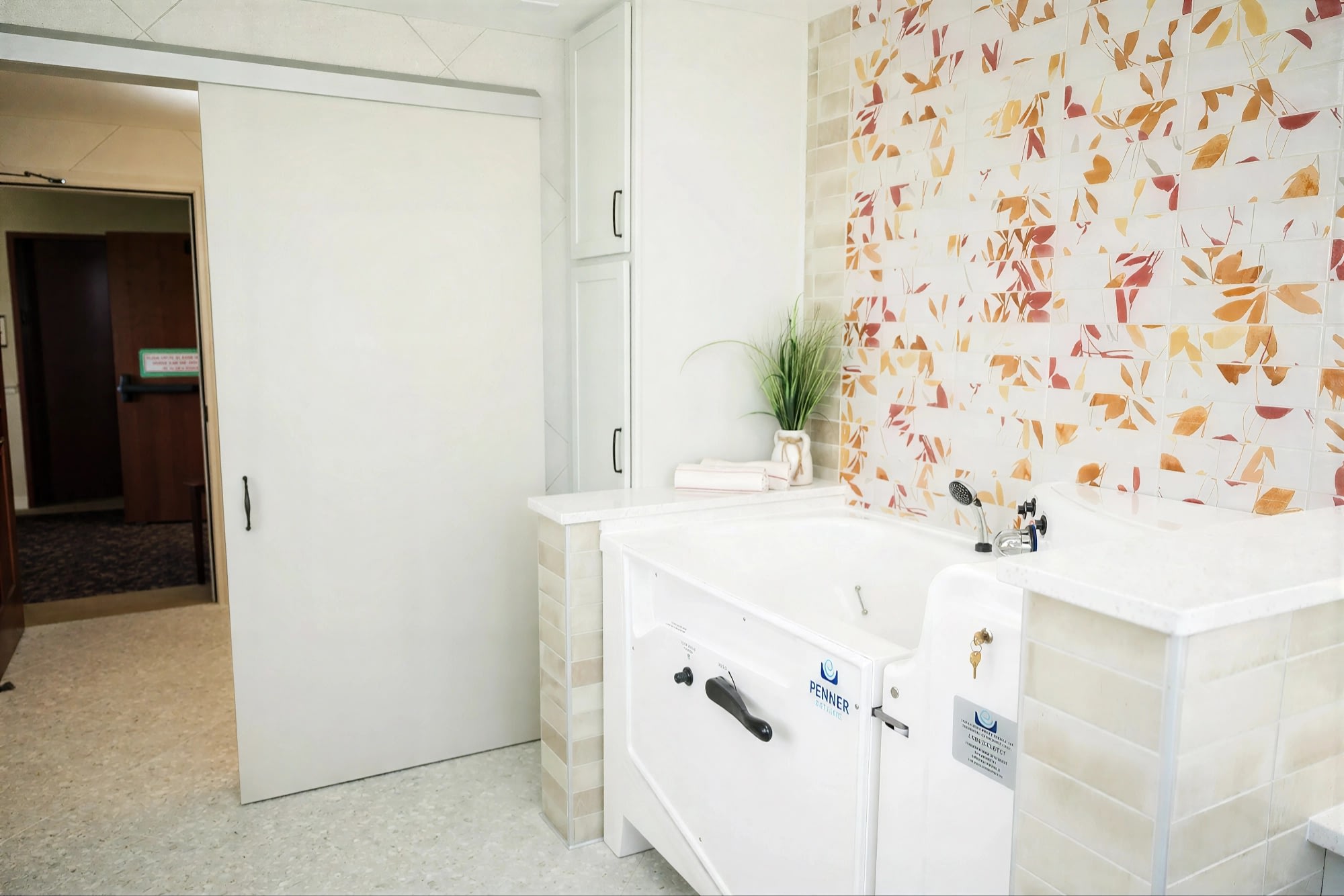 Walk-in bathtub with floral tile accent wall