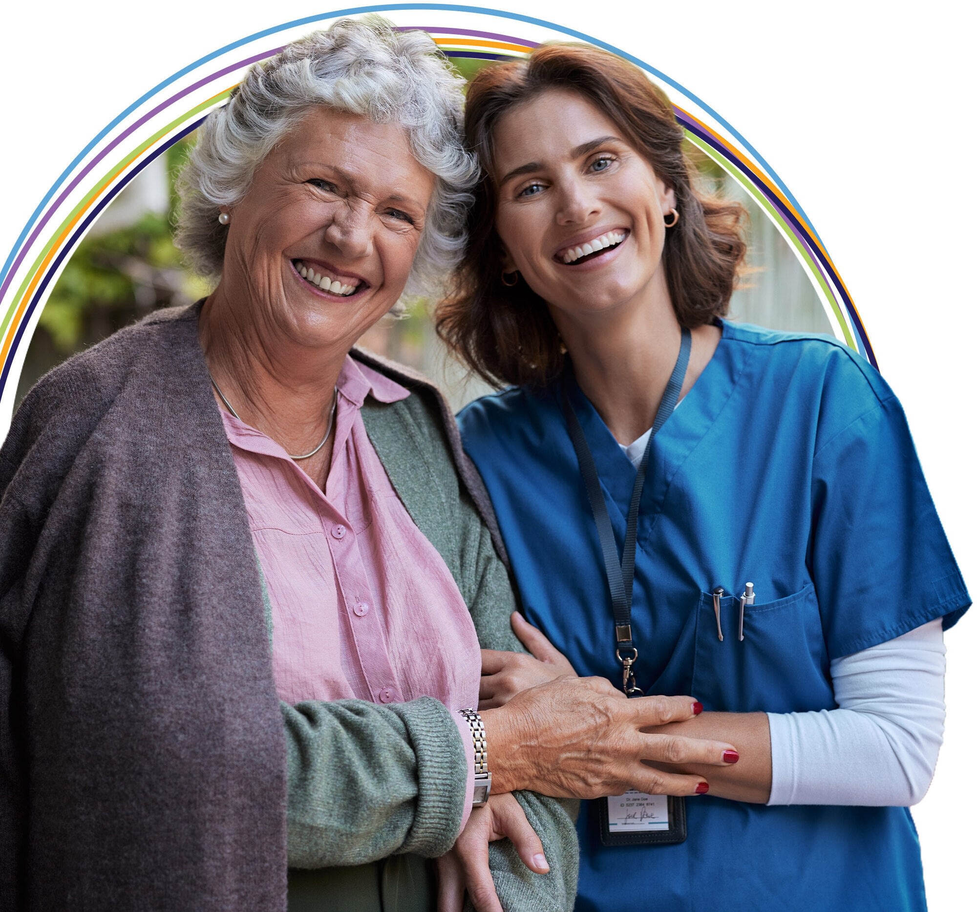 Smiling senior woman with nurse under rainbow graphic