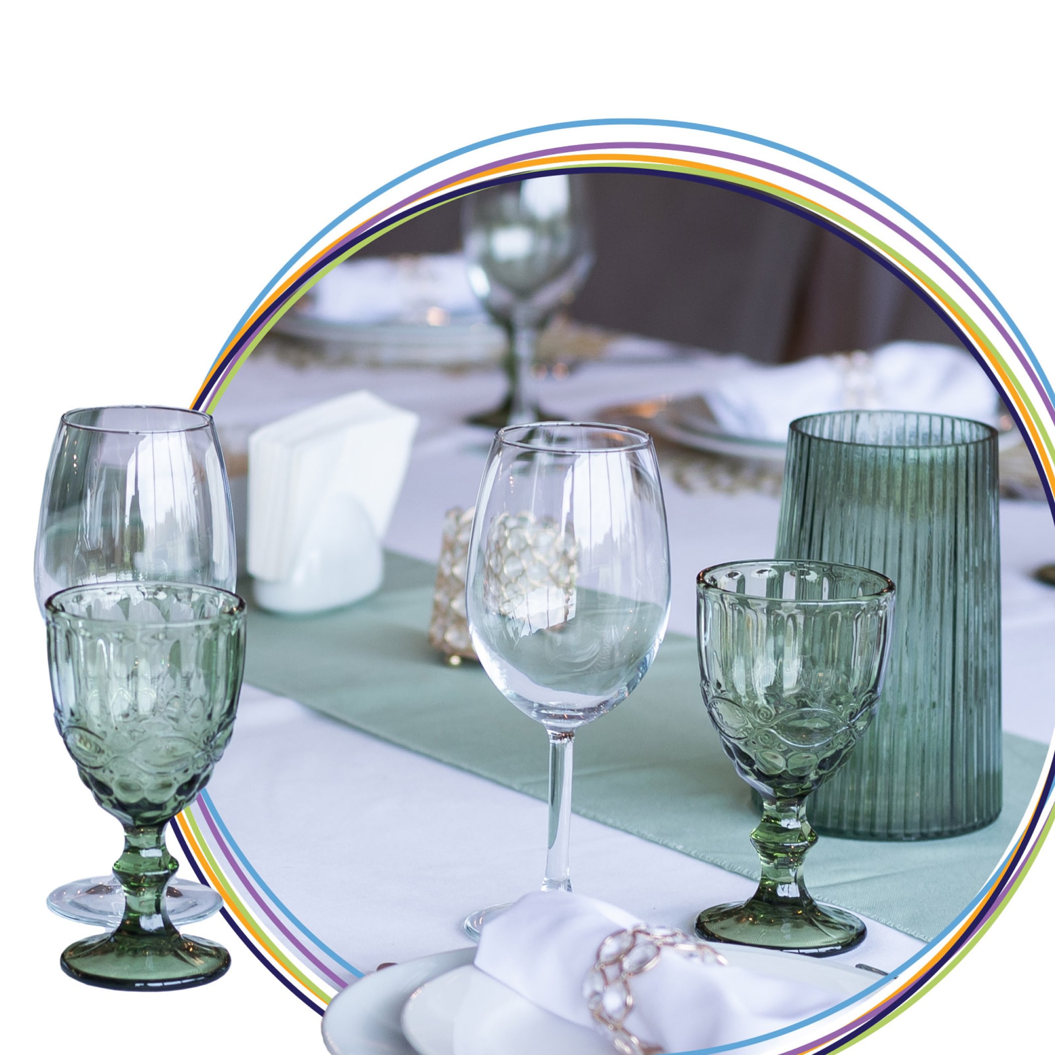 Elegant table setting with green glassware and plates