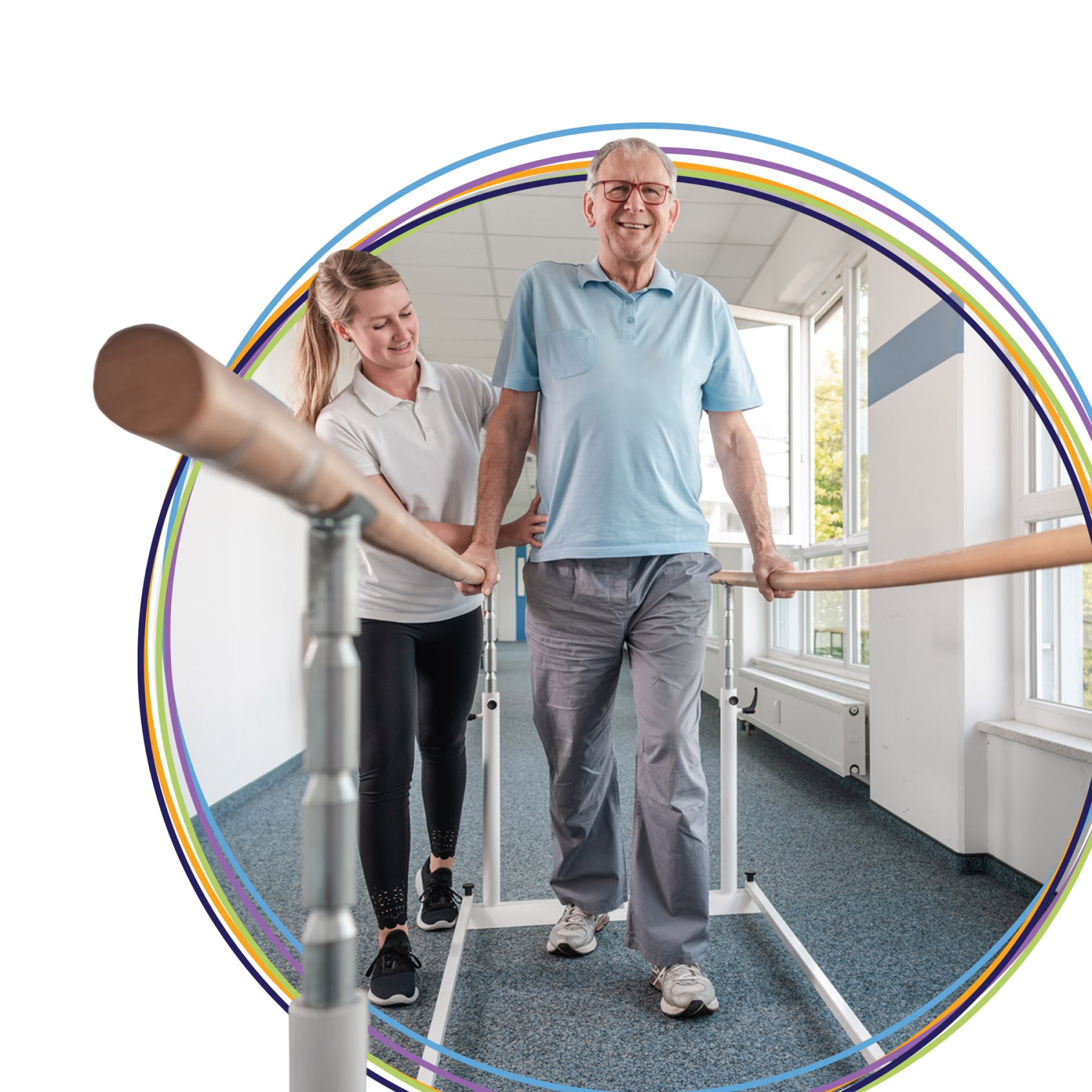 Senior man walking in rehab with therapist support