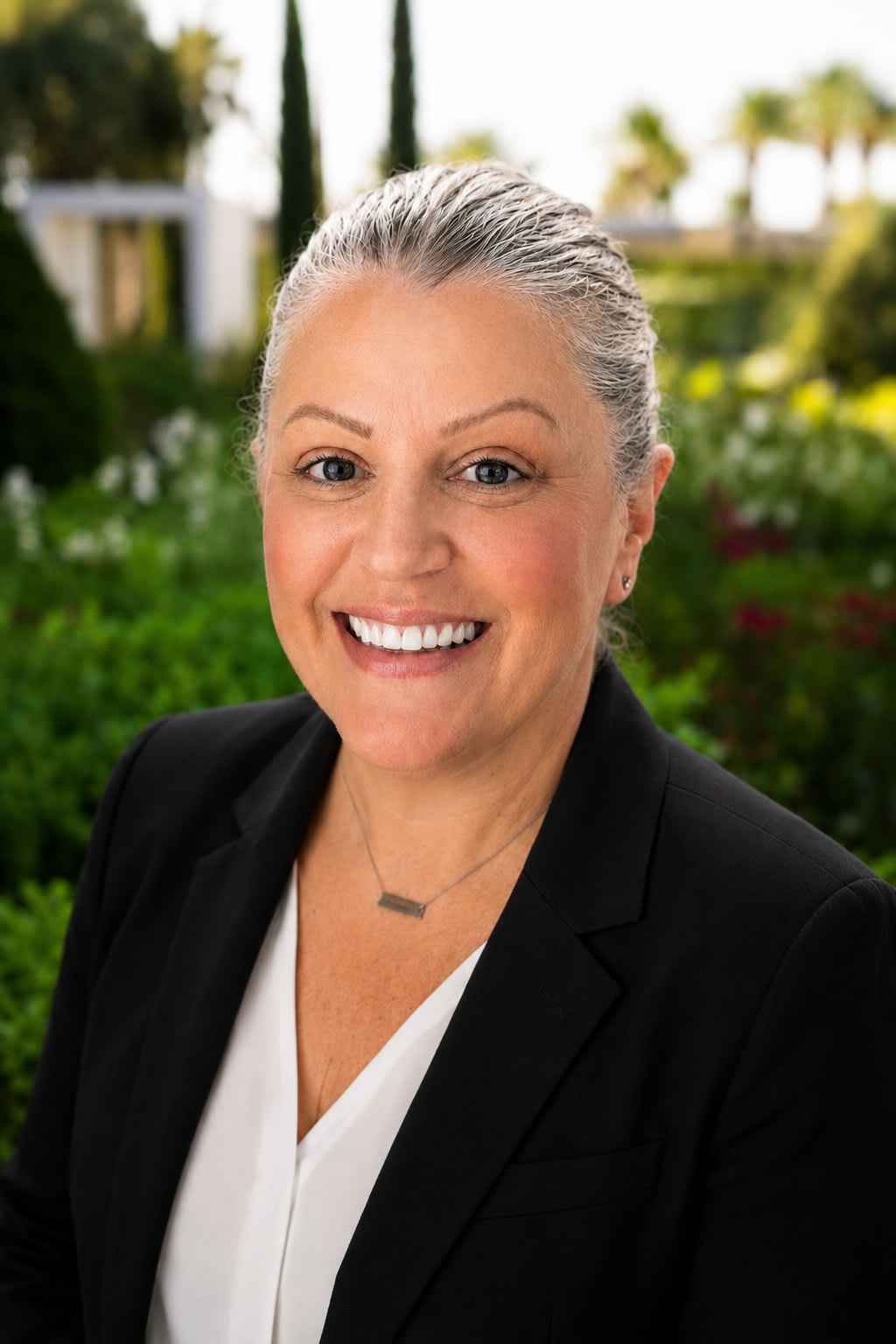 Smiling woman in blazer outdoors portrait