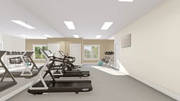 Modern gym with treadmills and dumbbell rack
