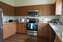 Modern kitchen with wooden cabinets and stainless appliances