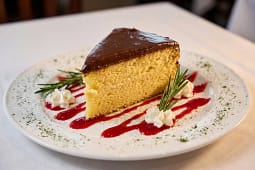 Slice of chocolate-topped cake with raspberry drizzle