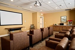 Small screening room with projector and leather chairs