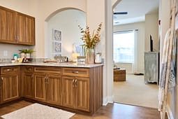 Modern kitchenette with wooden cabinets and granite countertop
