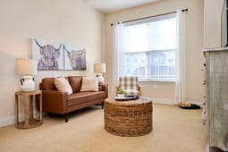 Cozy living room with leather sofa and ottoman