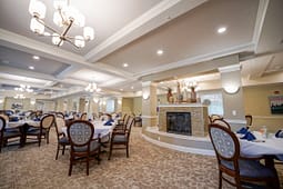 Elegant dining room with fireplace and chandeliers