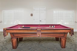 Red felt pool table with cues and balls