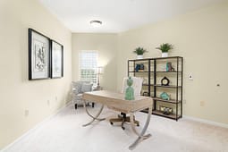 Bright home office with desk and shelving