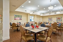 Bright dining room with neatly set tables