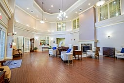 Spacious lobby with fireplace and elegant seating