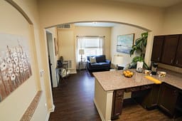 Cozy apartment kitchen and living room interior