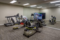 Small fitness room with treadmill and recumbent bike