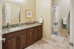 Modern bathroom with wooden vanity and granite countertop