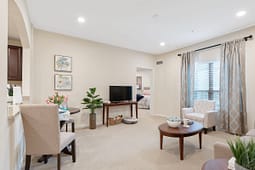 Bright neutral living room with TV and armchair