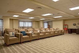 Cozy theater room with rows of armchairs