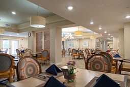 Elegant dining room with set tables and patterned chairs