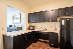 Modern kitchenette with dark cabinets and black refrigerator