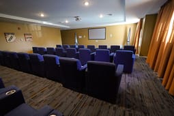 Small private theater room with blue seats