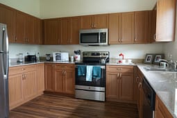 Modern kitchen with wooden cabinets and stainless appliances