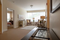 Bright living room with armchairs and large window