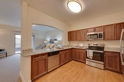 Modern kitchen with wood cabinets and granite countertops