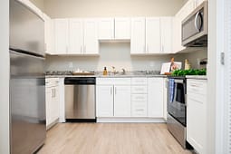 Modern white kitchen with stainless steel appliances