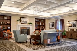 Elegant living room with fireplace and built-in shelves