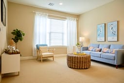 Bright living room with blue sofa and wicker ottoman