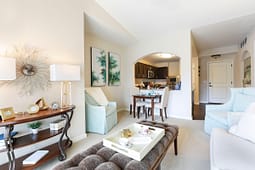 Bright modern living room with dining area and kitchen