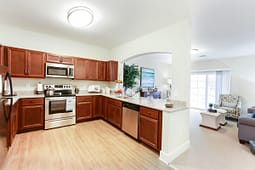 Modern kitchen with wood cabinets and granite counters