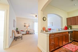 Bright apartment kitchen and living room interior