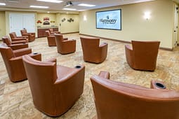 Theater room with leather chairs and projection screen